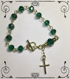 Handarbeit Rosenkranz Armband Smaragd Grün Facettiert Glas Messing Gold Knebelverschluss - Bild 1 von 6
