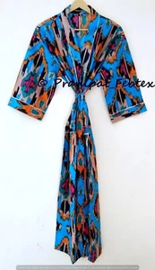 Ikat Print Turquesa Hecho a Mano Algodón Kimono Bata Ropa de Noche BeachCover... - Imagen 1 de 6