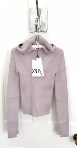 Zara Knit Hooded Ribbed Stretchy Sweater With Thumb Detail In Light Mauve M BNWT - Picture 1 of 10