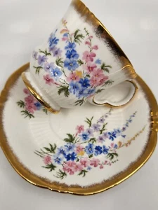 RIDGWAY ROYAL ADDERLEY Cup & Saucer BLUE FLORAL Ribbed BRUSHED GOLD RIM & TRIM - Picture 1 of 4