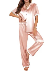 Womens Silk Satin Pajamas Set Button Down 2 Piece Pjs Short Sleeve Long Pants... - Picture 1 of 6