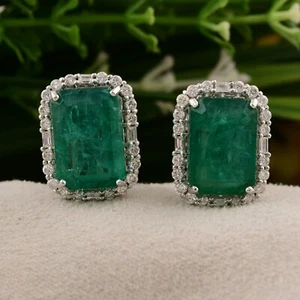 11.65 TCW Lab Grown CVD Diamond Zambian Emerald 14k White Gold Stud Earrings - Picture 1 of 9