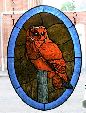 Stained Glass ,Hand Painted ,Kiln Fired, Short-eared Owl, panel #0131 Cover