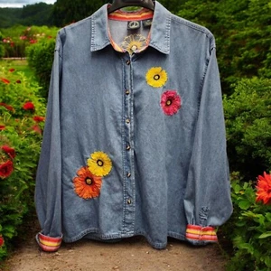 Camisa vaquera Lighthouse Apparel para mujer XL botón frontal azul bordado flores  - Imagen 1 de 7
