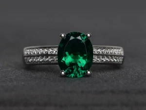 925 Sterling Silver Solitaire Emerald Ring Oval Lab Created Gemstone Women Ring - Picture 1 of 4