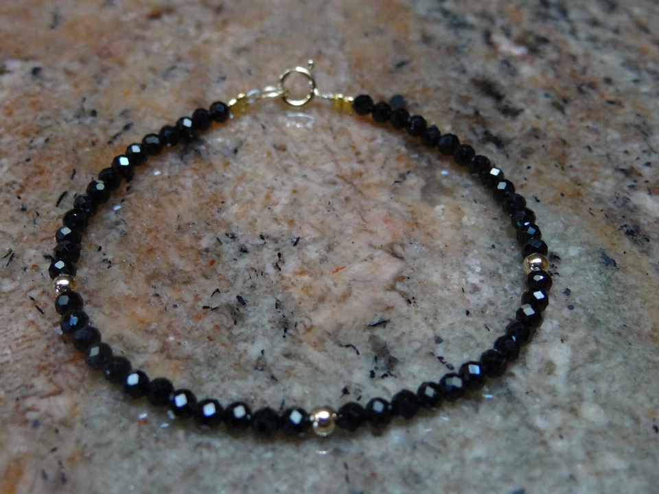 Браслет из чистого желтого золота 14 карат с натуральной черной шпинелью и драгоценными камнями 7 дюймов - Изображение 1 из 1