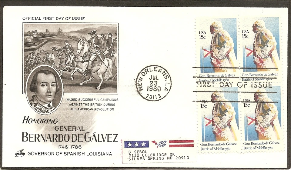 US Scott # 1826 Bernardo De Galvez FDC,Block Of 4, Artcraft cachet. - Image 1 of 1