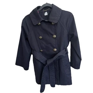 J Crew Women’s Size 4 Short Trench Coat Navy Blue Gold Ornate Buttons Corpcore - Picture 1 of 12