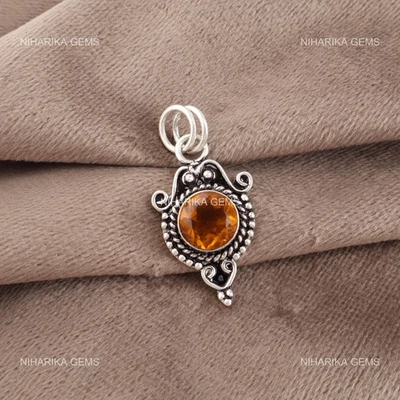 925 Argento Novembre Birth Rotondo Citrino Pietra Moglie Anniversario Pendente - Immagine 1 di 4