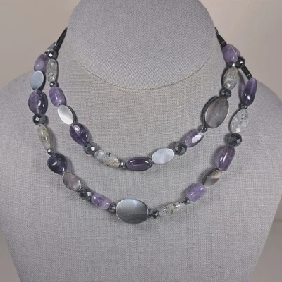 Gemstone Bead Necklace 30" Amethyst Quartz Hematite Shell Sterling Silver NEW - Image 1 of 4