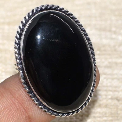 Anel étnico de ônix preto folheado a prata 925 feito à mão joia tamanho EUA 9 GW - Imagem 1 de 3