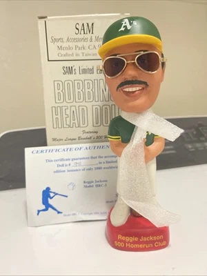 Oakland A's Reggie Jackson 500 Home Run Club Sams Bobblehead 1994 Certificado de autenticidade #941/1.000 - Imagem 1 de 4