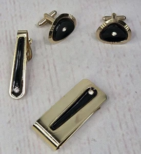 Vtg Waterman's Cufflinks Tie Clasp Money Clip 24 KT Gold Plated Black Gold Rhine - Picture 1 of 9