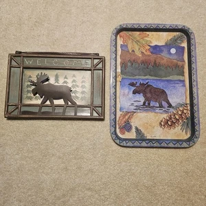 Rustic Bull Moose Wildlife Scene Welcome Sign & Metal Serving Tray Cabincore - Picture 1 of 16