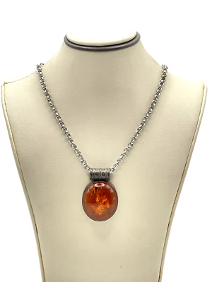 925 Sterling Silver Amber Pendant / Chain 24" - Image 1 of 4