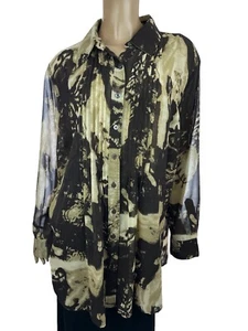 Chaus Blouse Size 20W Collared Button-Up Sheer Light & Dark Brown Polyester - Picture 1 of 5