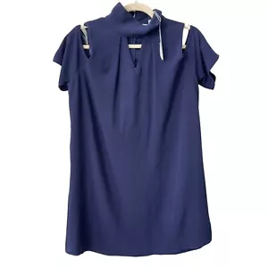 She + Sky Cold Shoulder Shift Dress Women L Blue Tunic Mini Cutout Keyhole NEW - Picture 1 of 10