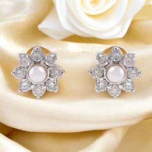Elegant 0,70 Cts F/VS1 Runde Brillantschliff Diamanten Perle Ohrstecker 14K Gold - Bild 1 von 4