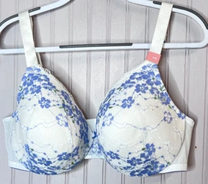 Cacique Women FULL COVERAGE BRA 40D White Blue Lace Floral Lightly Line WIRE NEW - Picture 1 of 7