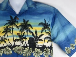 Camisa HILO HATTIE Para Hombres Mediana 44" Aloha Azul Hawaiano Silueta Palmeras Hut Leave - Imagen 1 de 8