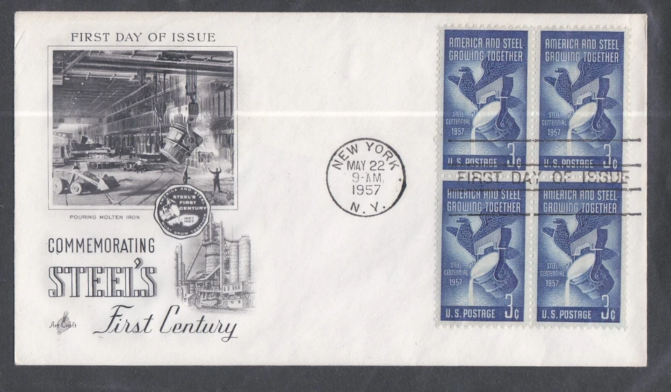 USA 1957 FIRST DAY COVER STEEL INDUSTRY BLOCK OF 4 + CACHET - Image 1 of 1