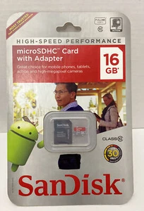 SanDisk Micro SDHC Memory Card W/Adapter 16GB Full HD Video High Speed NEW! - Picture 1 of 9