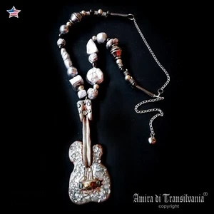 Silver Pendant Hip Hop Music Guitar Necklace Jewelry Rapper Chain Bead Rap Trap - Picture 1 of 24