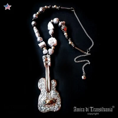 Silver Pendant Hip Hop Music Guitar Necklace Jewelry Rapper Chain Bead Rap Trap - Image 1 of 4