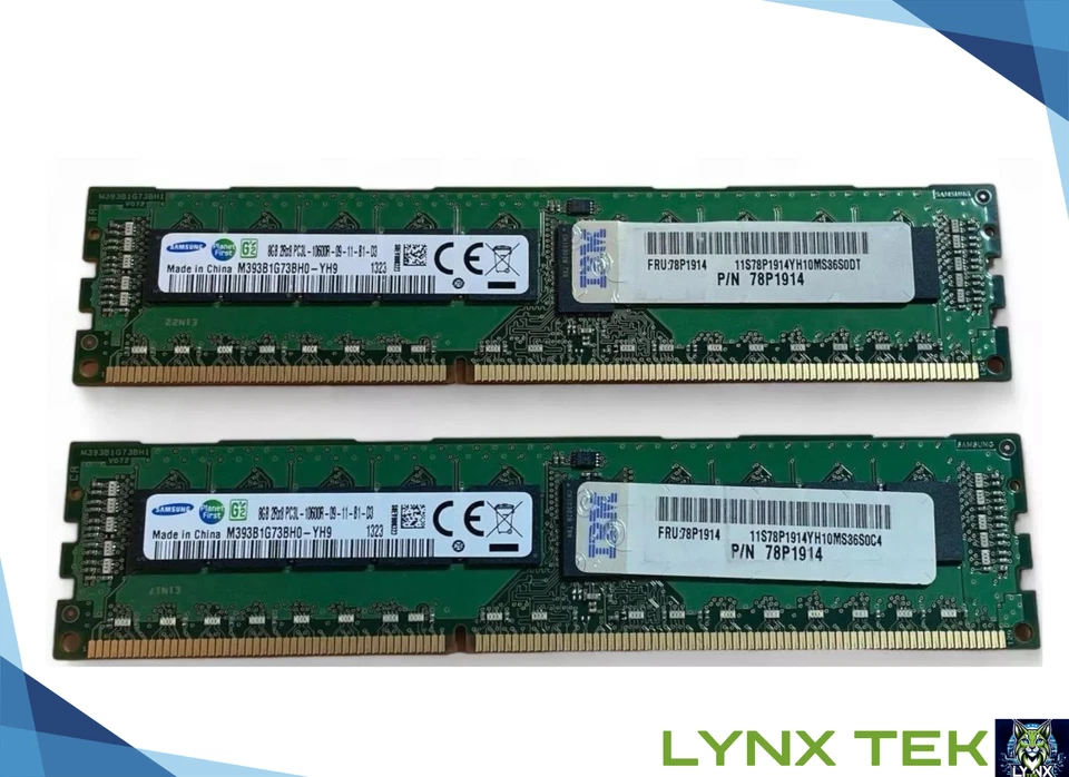 Lot of 2 Samsung 8GB IBM Cert 2Rx8 PC3L-10600R 1333Mbps RDIMM DDR3 Server Memory - Image 1 of 1
