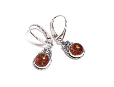 Bernstein Ohrhänger Silber 925 Ohrringe rund braun echt Sterlingsilber bj141 - Bild 1 von 4