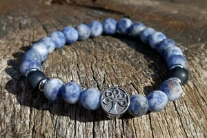 Bracciale elastico uomo in pietra naturale Sodalite Onice e inserti acciaio inox - Foto 1 di 6