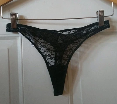 OUT FROM UNDER BLACK SHEER LACE THONG PANTY, SIZE S - Image 1 of 2