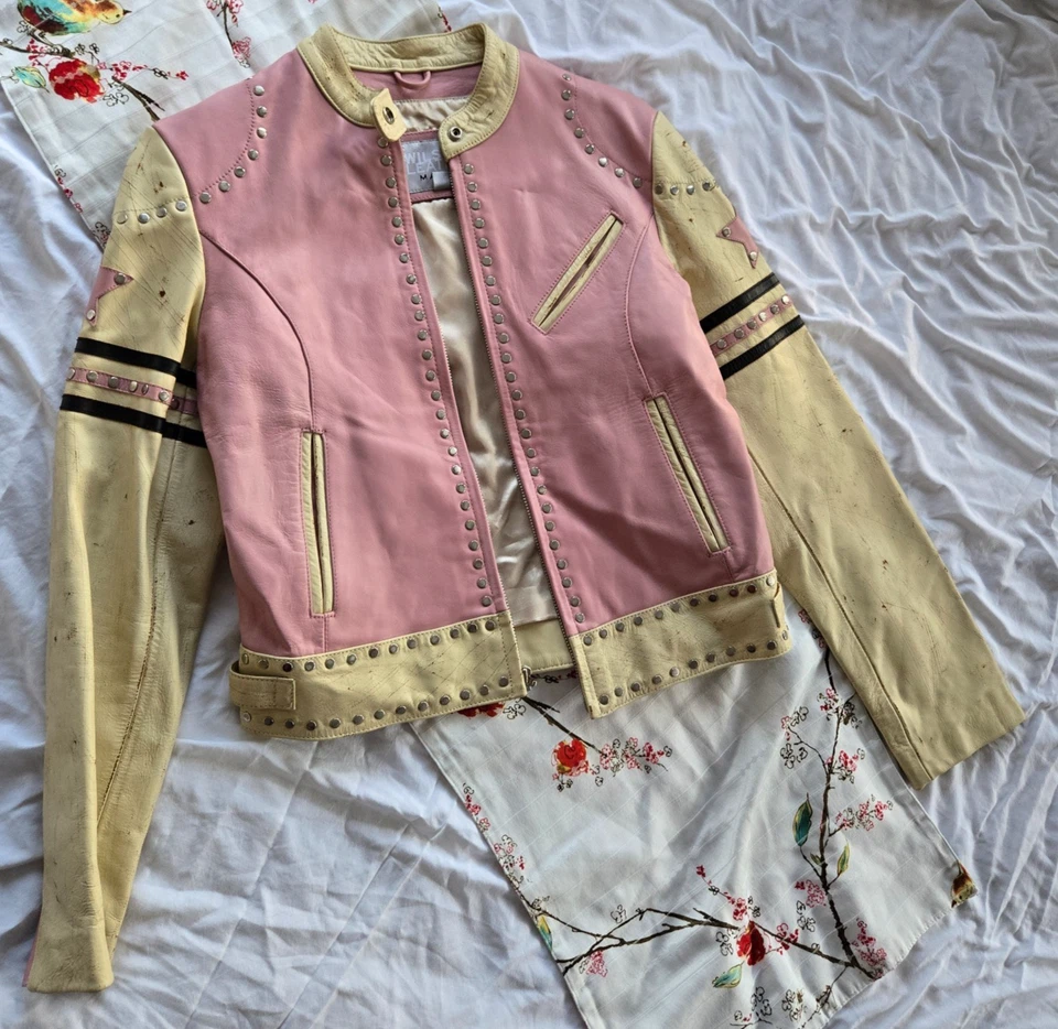 Wilson's RARE Vintage Pink Leather Maxima Star Distressed Jacket Size Small - Image 1 of 4