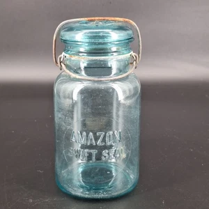 Antiguo tarro de albañil de vidrio Amazon Swift con sello azul aguamarina bala de alambre cuarto #2 - Imagen 1 de 6