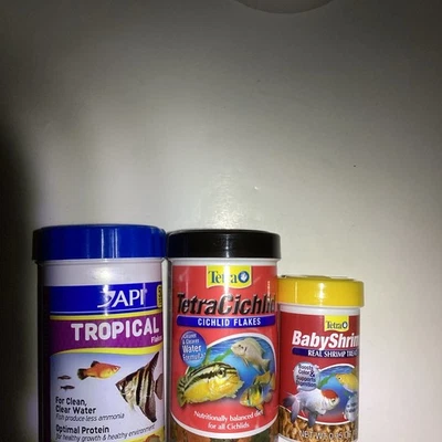 Copos de cíclidos tetra, escamas tropicales API y golosina de camarones Tetra Baby, todo nuevo Foto 1 de 4