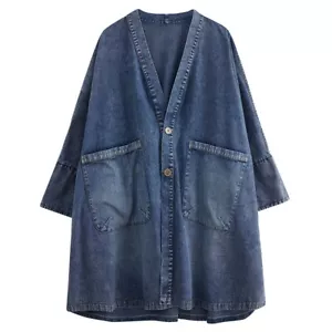 Femme Col V Fashion Manteau Veste Jean Poche Bouton mi-Longueur Surdimensionné - Foto 1 di 9