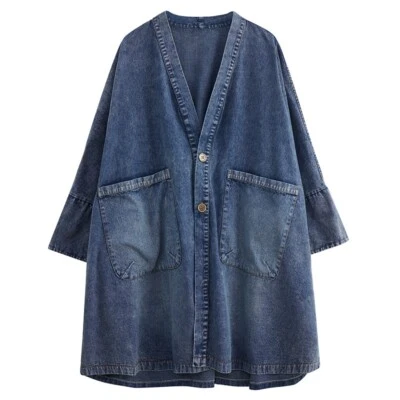 Lady Oversized Trench Coat Jacket Jean Denim V-neck Pocket Button Mid-length - Image 1 of 4
