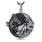 Mens Antique Silver Protection Dragon Tiger Yin Ying Yang Pendant Necklace Men
