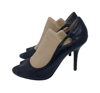 Size 7 Women's Nine West Black Leather Open Toe Pump High stiletto snake Heel - Image 1 of 4