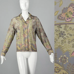 Large 1970s Byblos Silk Blouse Grey Baroque Print VTG Metallic Gold Button Up - Picture 1 of 9