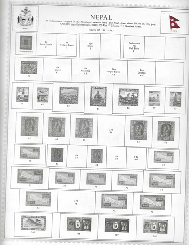 Nepal 6 different Stamps, 9 double sided Minkus pages, up to 1976, 1 NM set 1969 Cover