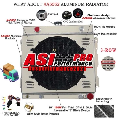 3Rows Radiator+Shroud+Fan for 1971-79 Dodge Truck Series B/D/W/PB/Van/Challenger Foto 1 de 4