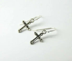 Cross Charm Earrings 925 sterling silver hooks pewter Charms 1" Religious - Picture 1 of 6