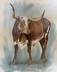 Texas Longhorn Steer s/n limited edition PRINT From Watercolor by Pat Wiles - Bild 1 von 1