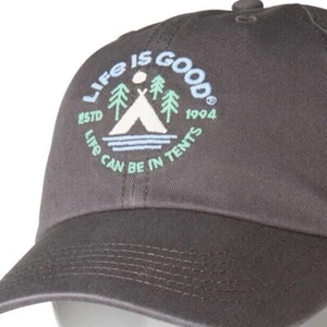 NWT Men's Life Is Good Life Can Be In Tents Camping Camp Slate Gray Chill Cap - Picture 1 of 4