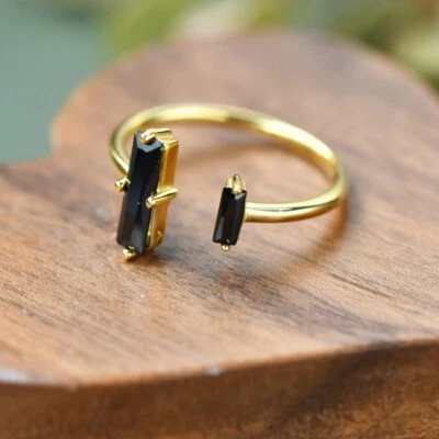 Natural Black Onyx Stone Dainty Ring Black Gemstone Sterling Silver Ring US 7 - Image 1 of 3