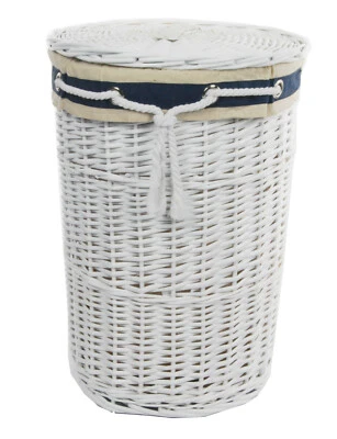 Wäschekorb weide weiß rund marine Deckel Bezug D.39 H.55  - Bild 1 von 4
