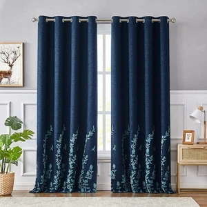 Flower Embroidery Linen Textured Blackout Curtains for Living Room Bedroom Si... - Picture 1 of 8