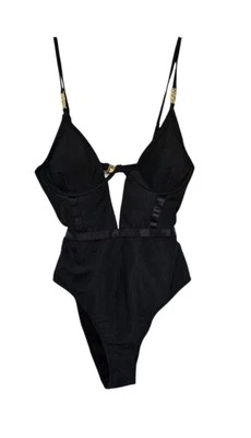 XOXO Sz M(?) Black Ribbed Front Plunge Swimsuit, High Legs, Adjustable Straps - Image 1 of 4