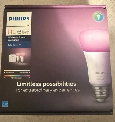 Philips Hue Blanco y Color Ambiente Bombilla Kit de Inicio Puente A19 2 Bombillas Nuevo Abierto Foto 1 de 4